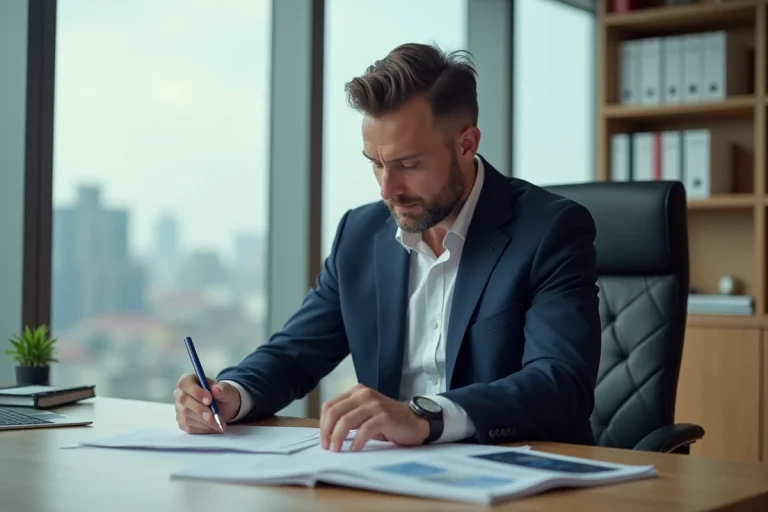 Homme d'affaires en blazer bleu examine des documents immobiliers