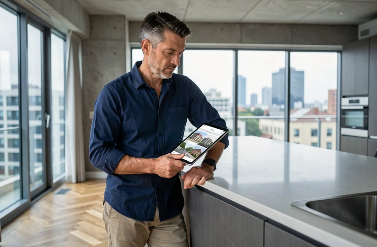 Homme consultant une application de location immobilière sur tablette dans un appartement moderne