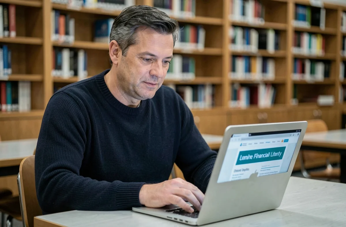 Homme se formant à la culture financière en ligne dans une bibliothèque publique pour l'Educfi