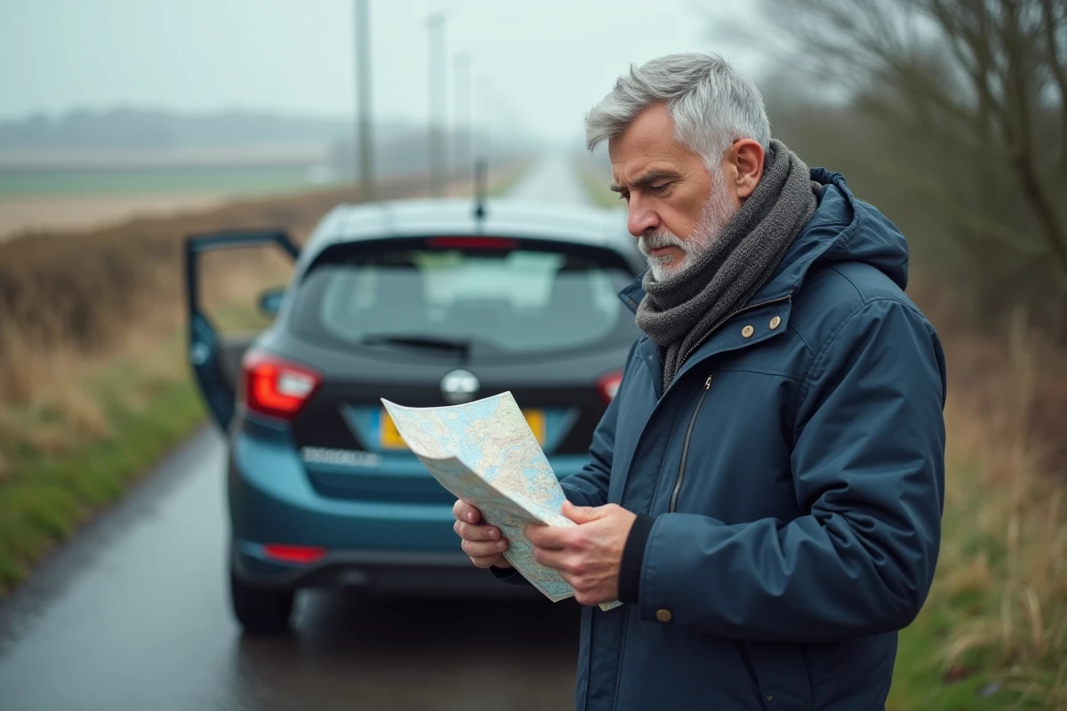 Homme vérifiant une carte sur le toit de la voiture en campagne