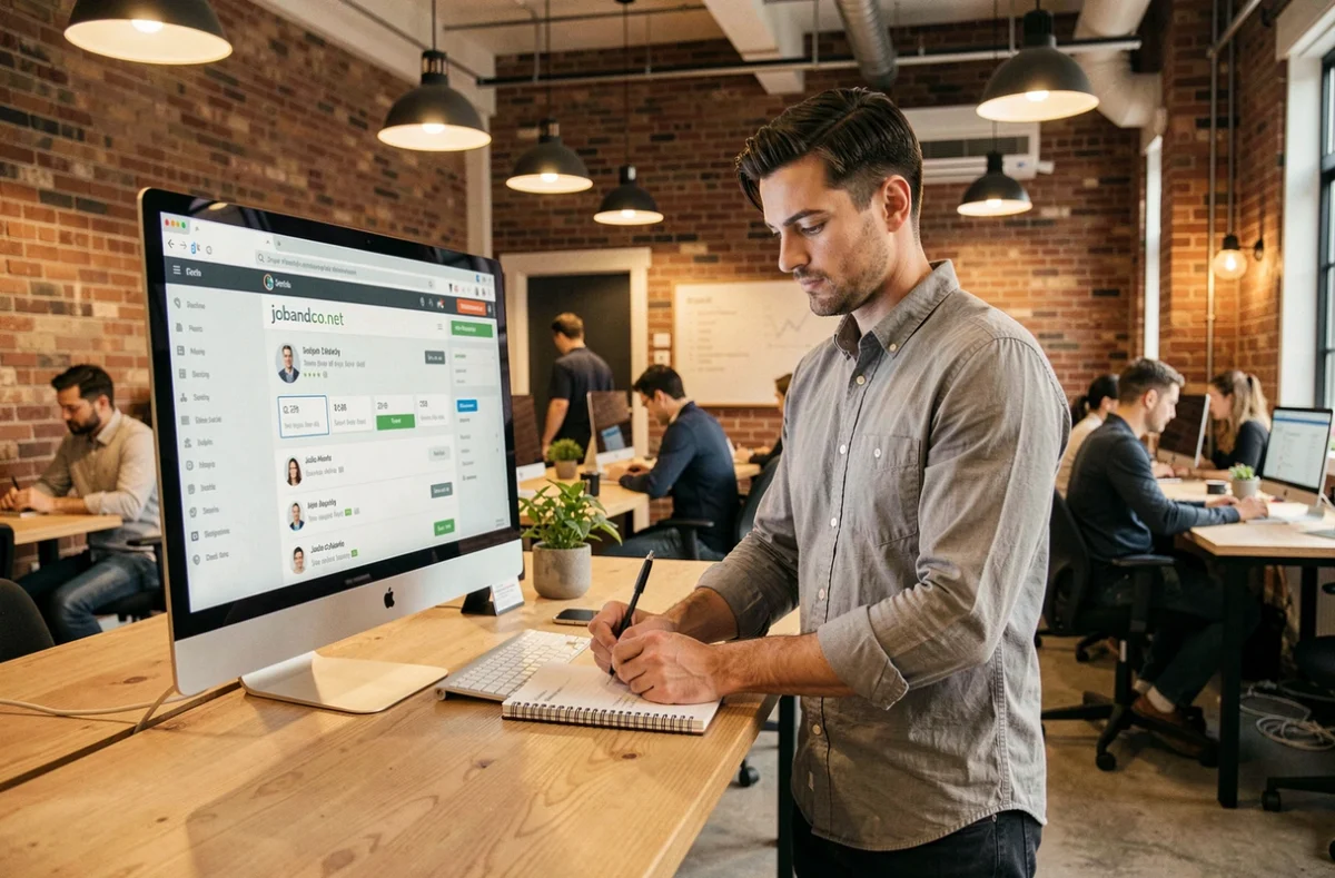 Homme prenant des notes dans un espace de coworking devant un écran affichant une plateforme de recherche d'emploi en ligne