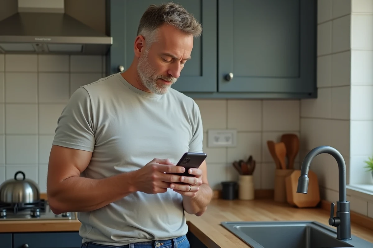 Homme lisant les conditions de retour d'un site de vêtements en soldes sur son smartphone dans sa cuisine