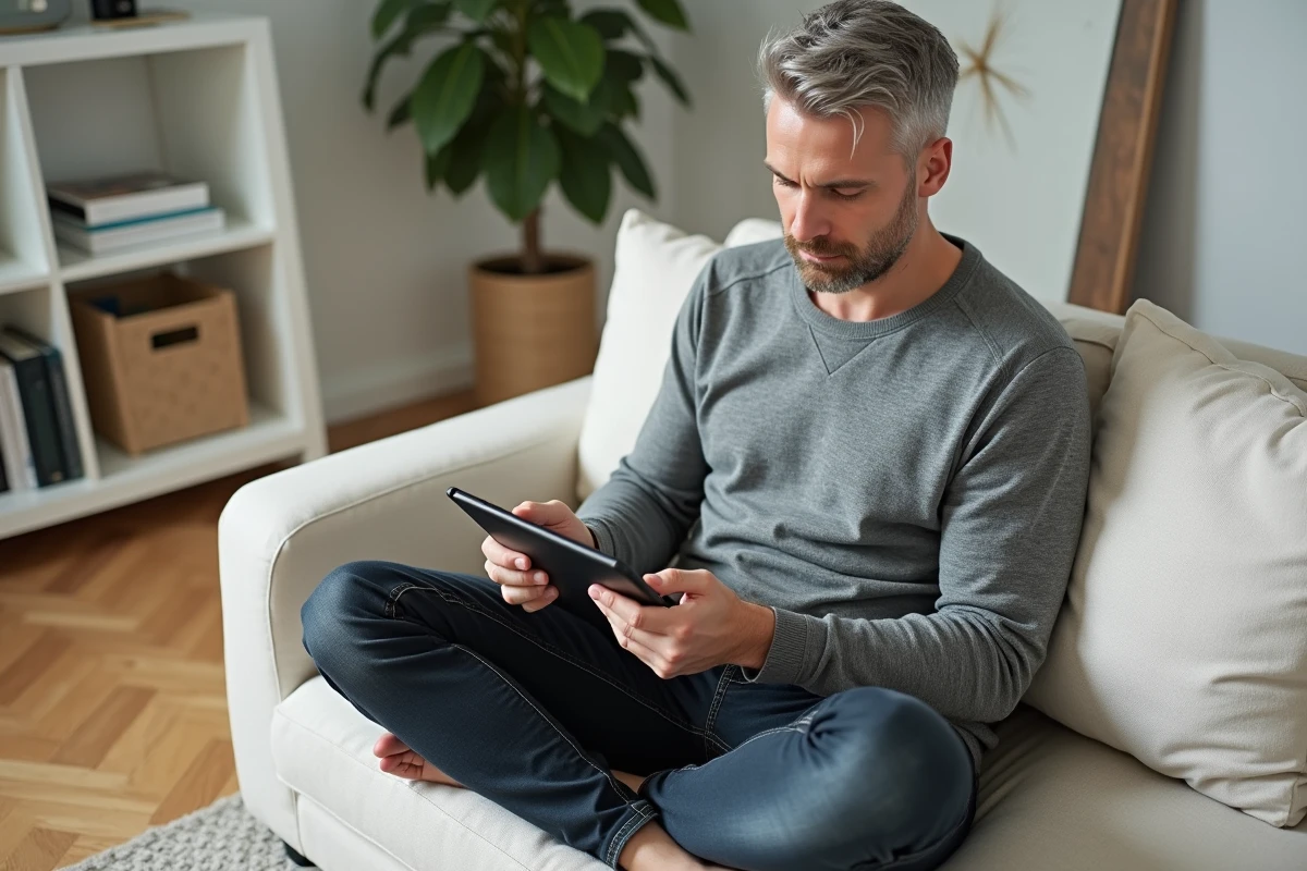 Homme investissant sereinement dans les cryptomonnaies depuis son salon avec une tablette numérique