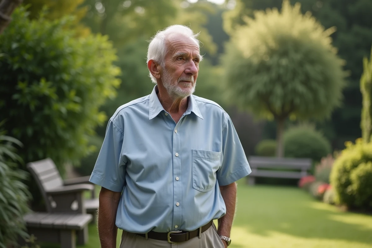 Homme âgé dans un jardin paisible avec peau en guérison