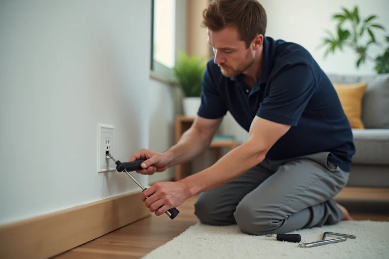 Homme moyenâgeux répare une prise électrique dans un salon lumineux
