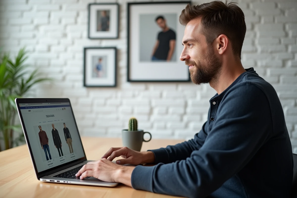 Homme consultant un site de mode en ligne sur un ordinateur portable dans un bureau à domicile moderne