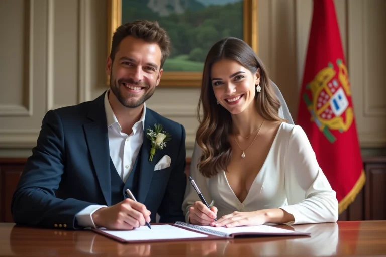 Jeune couple marié signant documents à Gibraltar