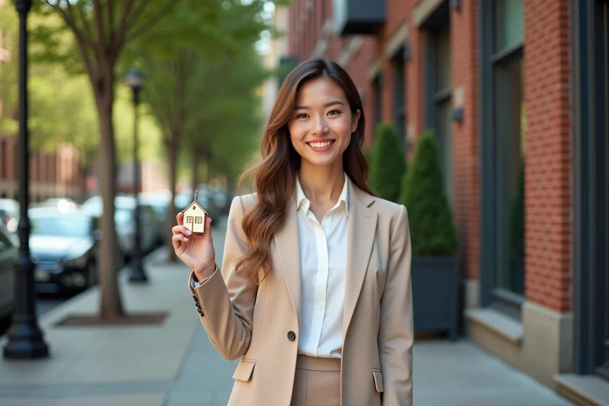 Jeune femme souriante avec clé de maison devant immeuble