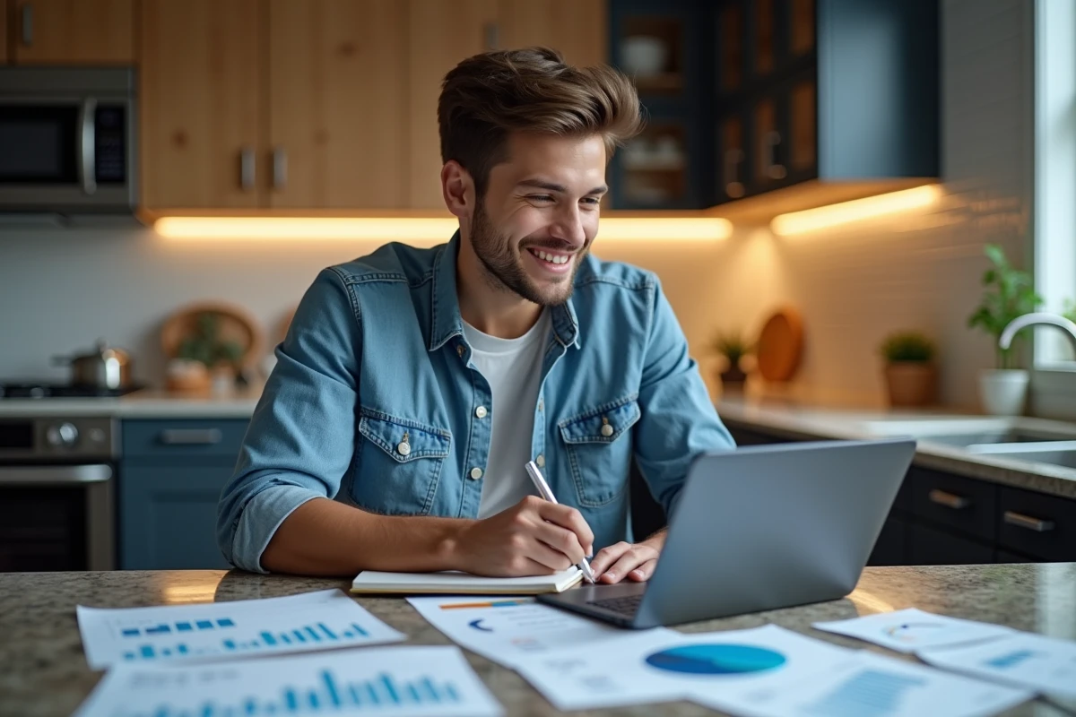 Jeune homme analysant des données financières à la cuisine