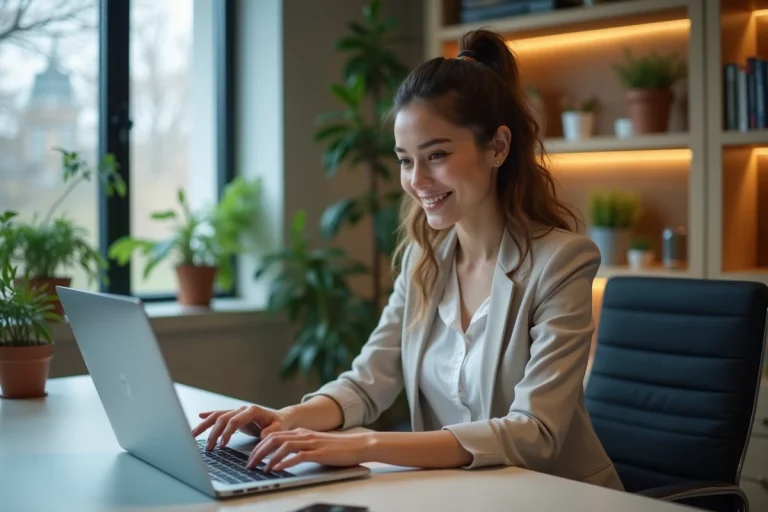 Jeune femme professionnelle travaillant sur son ordinateur dans un bureau moderne