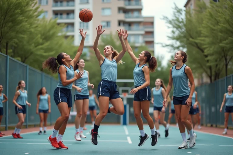 Jeunes filles françaises jouant au basket en extérieur