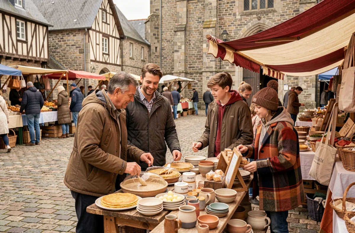 Famille découvrant un marché artisanal breton en plein air sur une place médiévale pavée avec des produits régionaux
