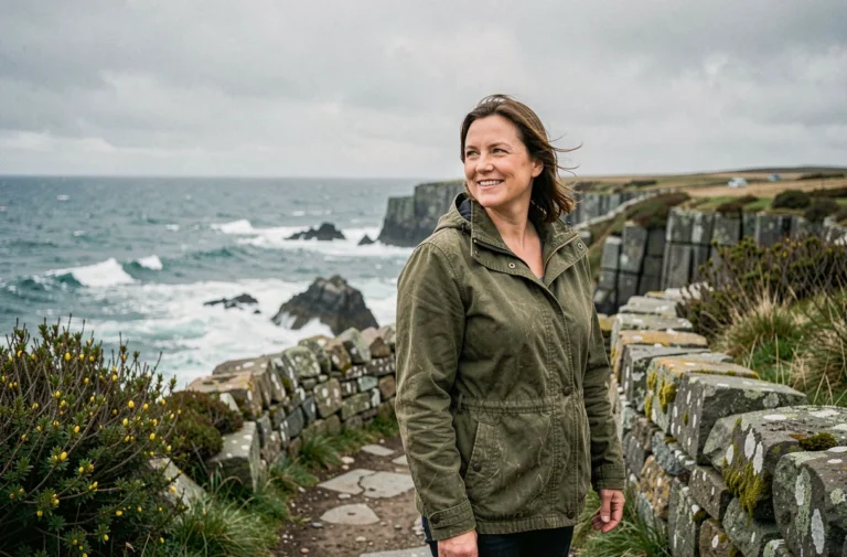 Femme explorant le sentier côtier breton face aux falaises de granit et à l'océan Atlantique en Finistère