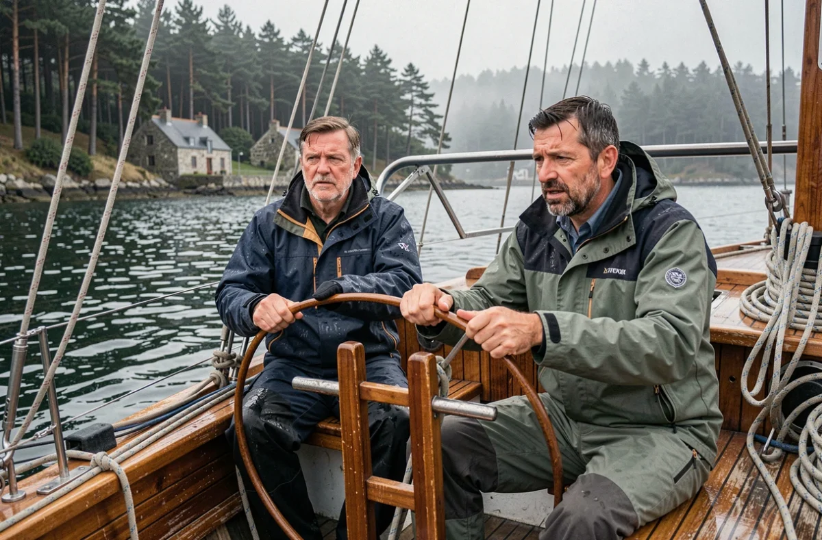 Deux hommes en voilier sur le golfe du Morbihan entouré de forêts de pins et de maisons en pierre bretonnes