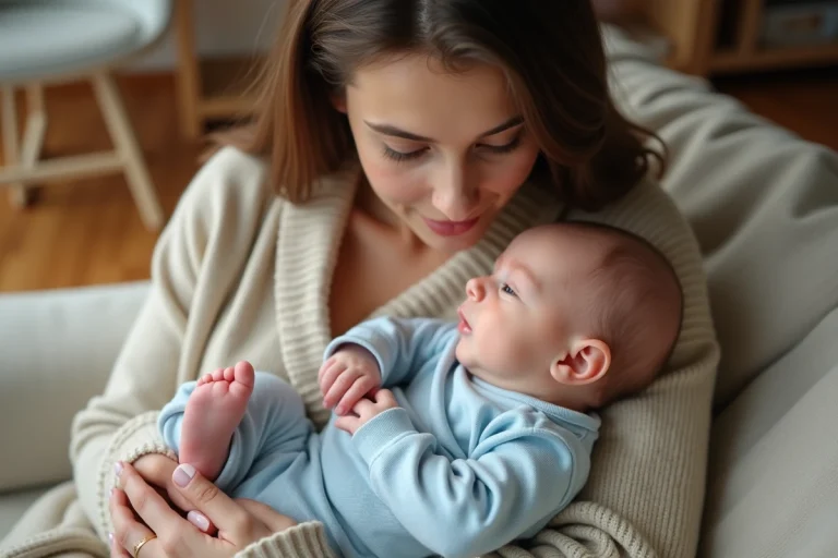 Jeune maman avec son bébé dans un salon chaleureux