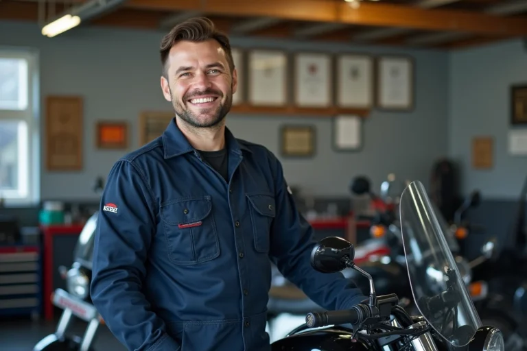 Mécanicien moto souriant dans un garage propre et organisé