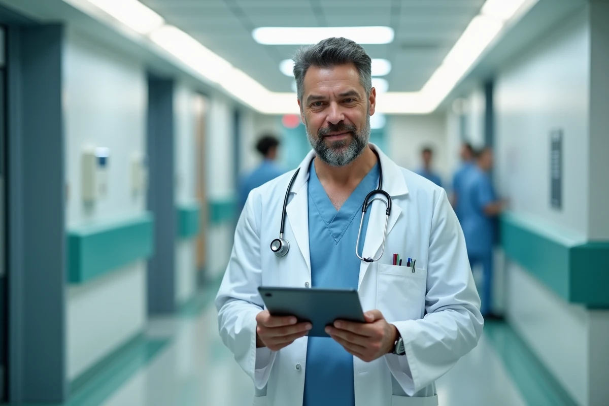 Médico em corredor de hospital representando as profissões médicas entre as mais bem pagas na França