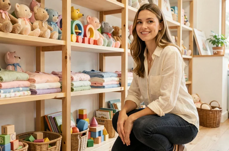 Mère feuilletant des jouets et vêtements pour enfants dans une boutique de puériculture chaleureuse