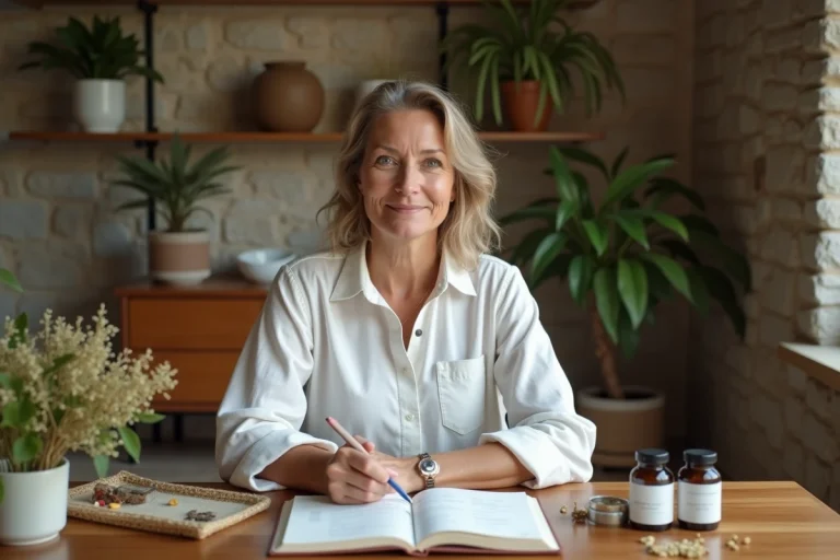 Naturopathe femme en consultation dans son cabinet avec des plantes médicinales et un carnet de notes sur un bureau en bois