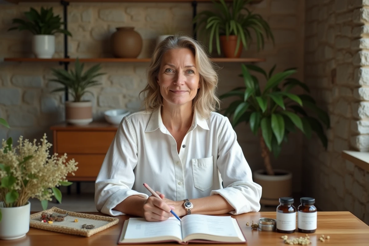 Naturopathe femme en consultation dans son cabinet avec des plantes médicinales et un carnet de notes sur un bureau en bois