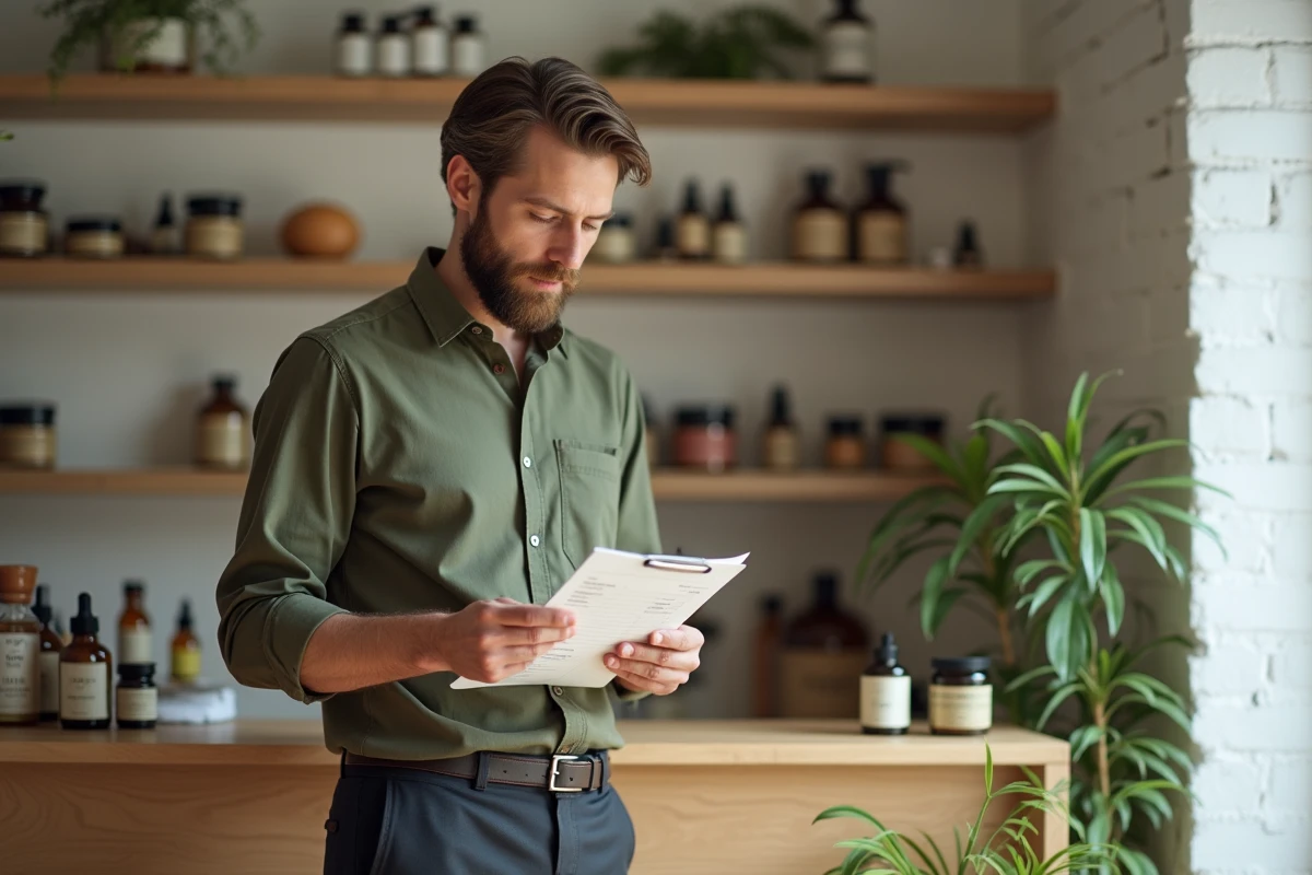 Naturopathe homme debout devant une étagère de remèdes naturels tenant une liste de tarifs dans un studio de bien-être minimaliste