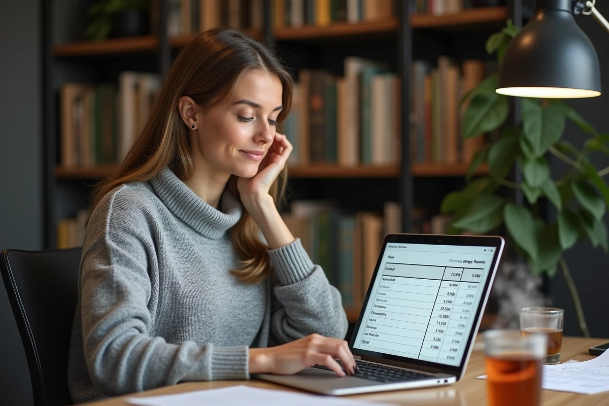 Naturopathe femme travaillant sur son ordinateur portable avec un tableau de revenus dans un bureau à domicile entouré de livres de naturopathie