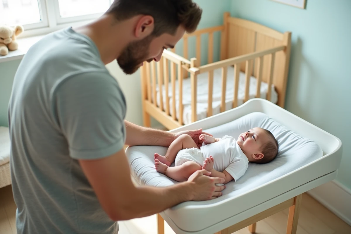 Pere changeant son bebe dans la nurserie