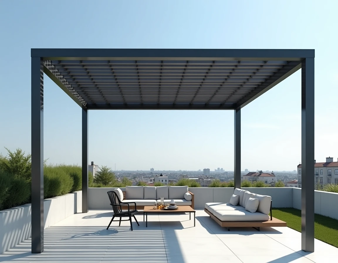 Pergola bioclimatique à lames orientables sur une terrasse en toiture avec vue sur la ville