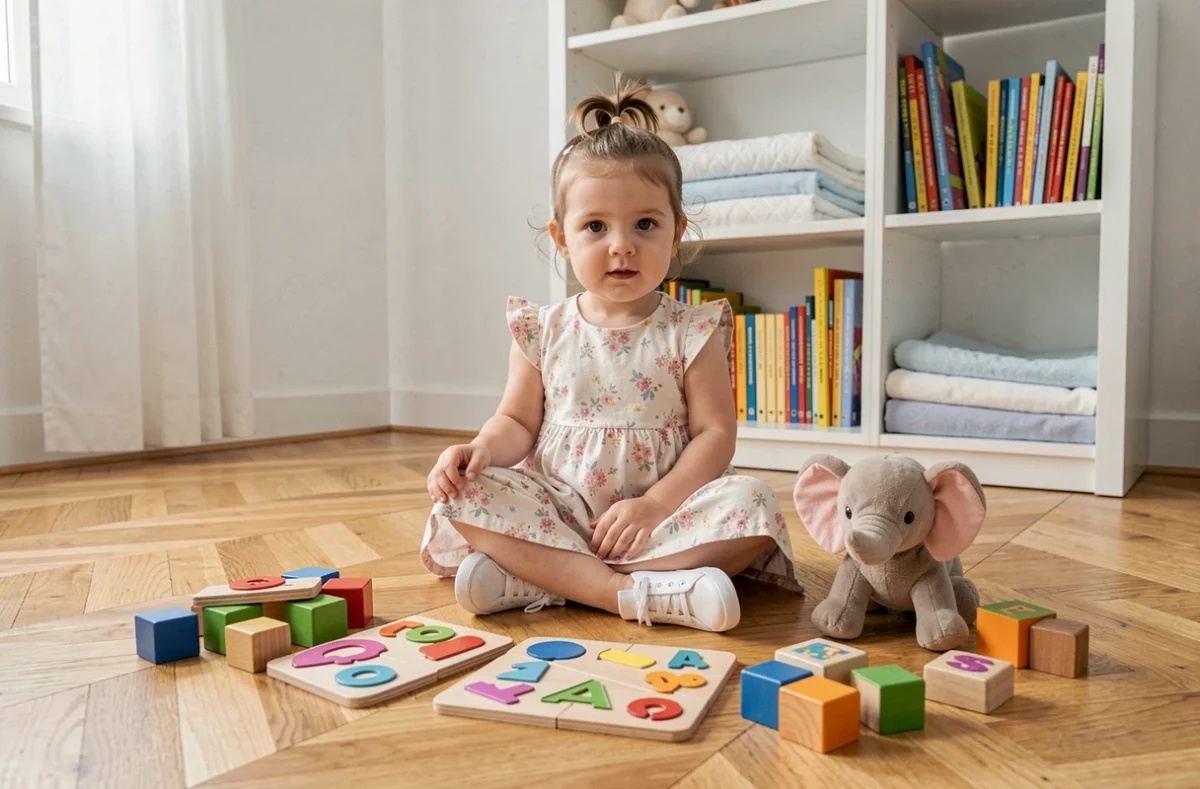 Petite fille jouant avec des jouets éducatifs en bois sur le parquet d'un salon familial