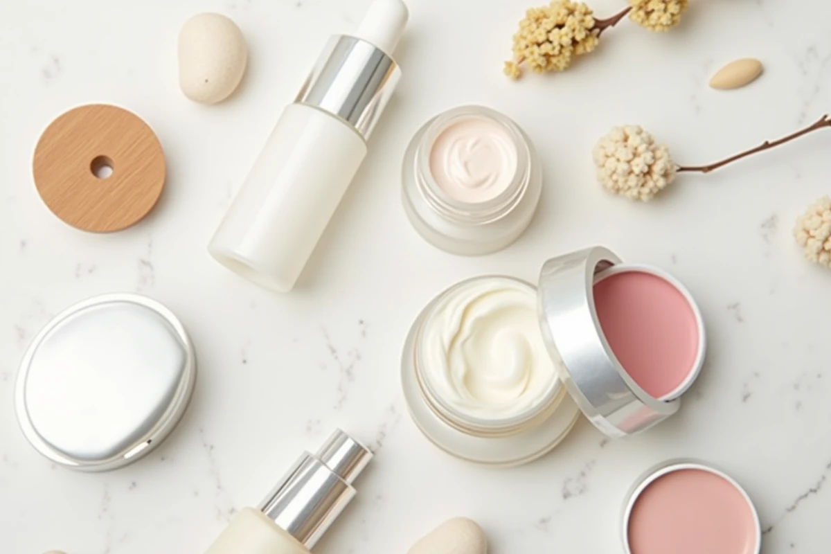 Produits cosmétiques avec logo cruelty free lapin posés sur marbre blanc pour illustrer une enquête sur les certifications beauté