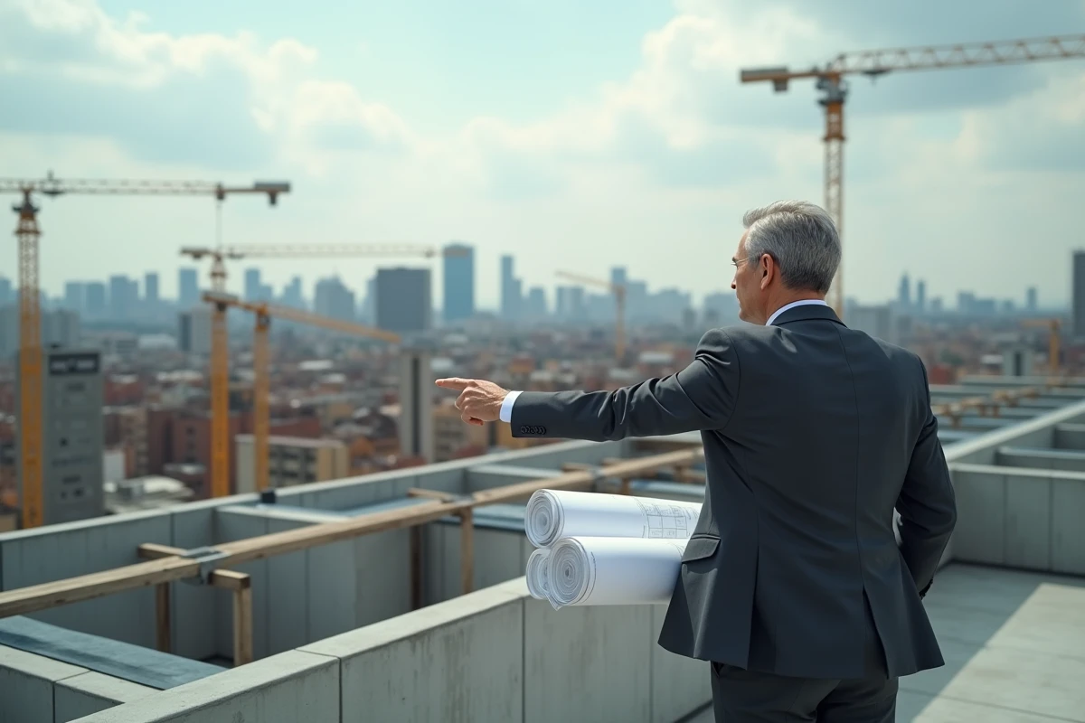 Promoteur immobilier masculin sur un chantier urbain tenant un plan architectural avec vue sur la ville en développement