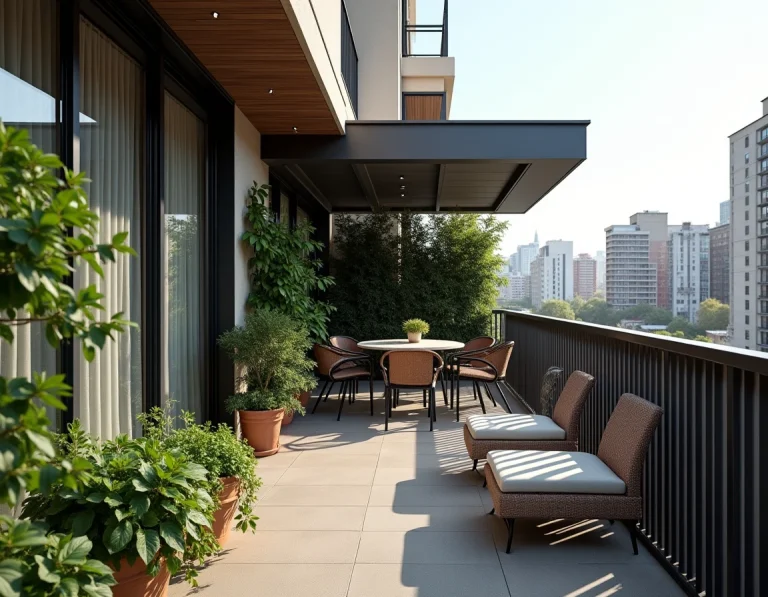 Terrasse urbaine en hauteur avec plusieurs solutions de protection visuelle contre les regards indiscrets