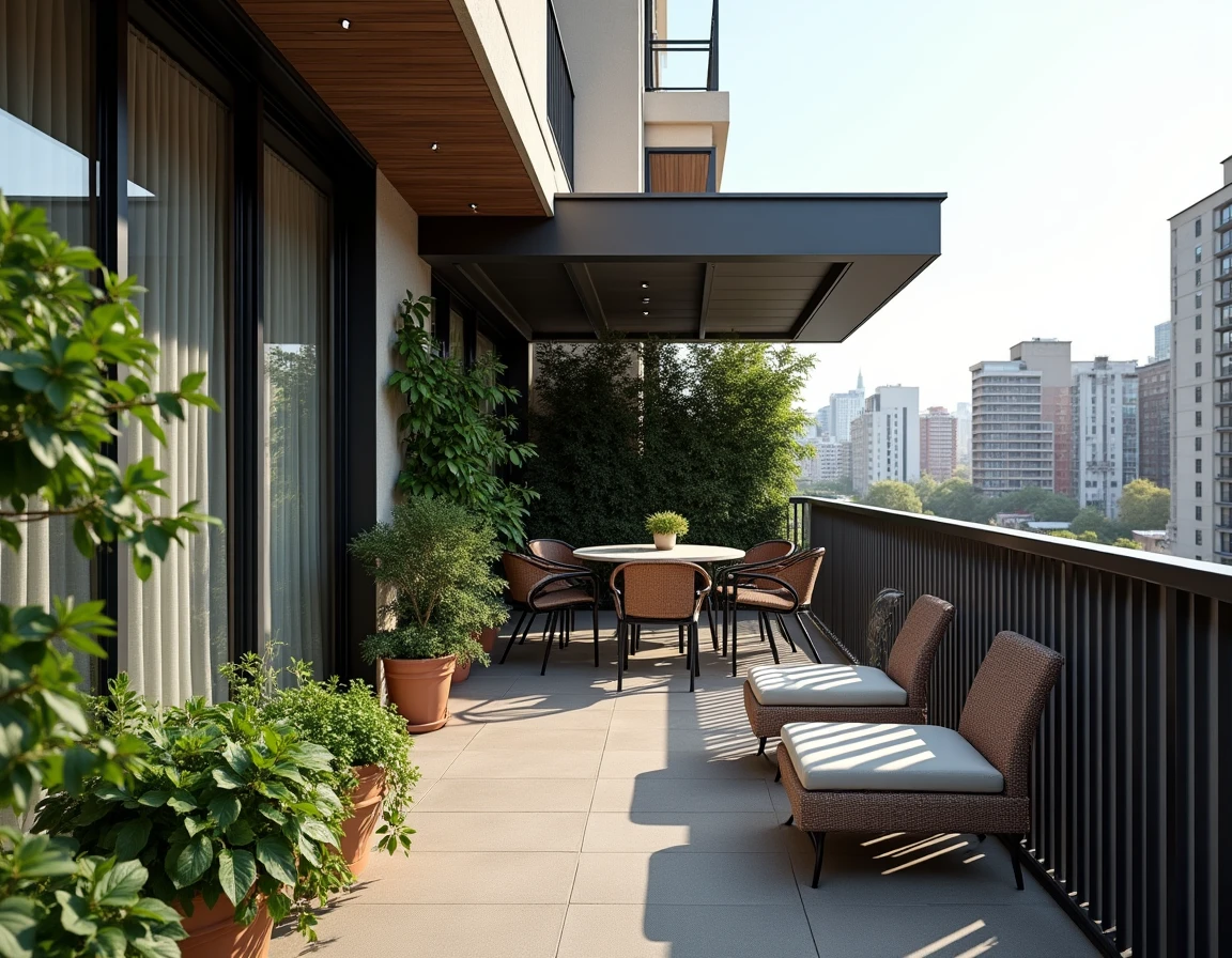 Terrasse urbaine en hauteur avec plusieurs solutions de protection visuelle contre les regards indiscrets