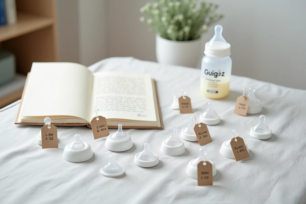 Sélection de tétines de biberon de différents débits pour lait Guigoz Gest présentées en flat-lay avec carnet de notes