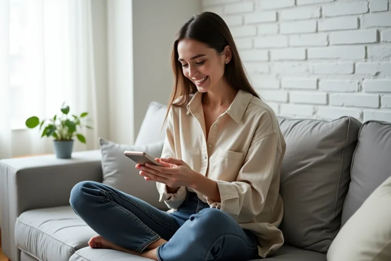 Jeune femme faisant du shopping en ligne sur son smartphone depuis son canapé dans un salon moderne et minimaliste