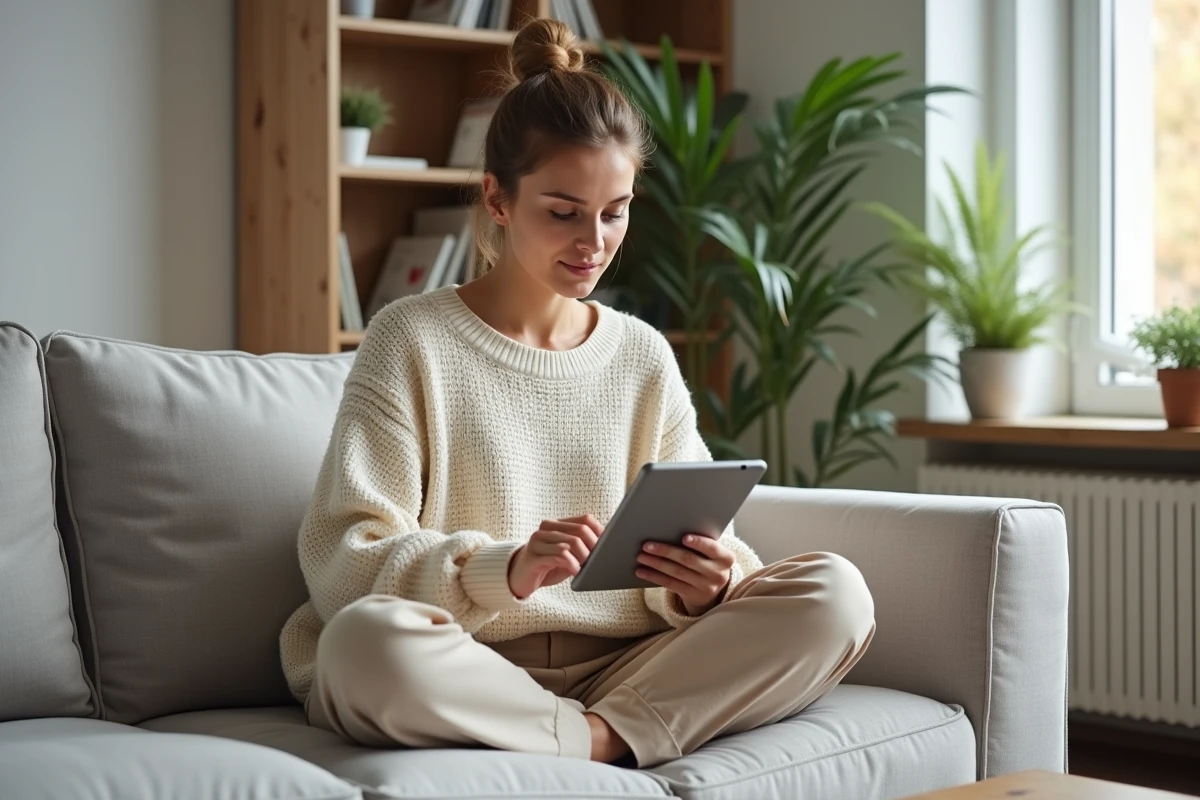 Jeune femme faisant du shopping mode en ligne sur une tablette dans un salon minimaliste scandinave