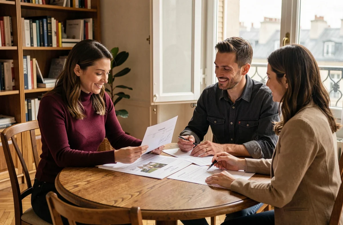 Couple signant un projet immobilier personnalisé avec une conseillère locale dans un appartement parisien