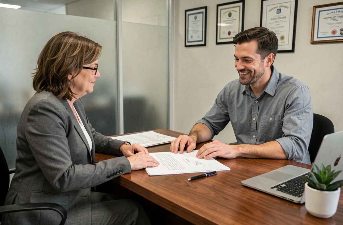 Réunion de signature de vente immobilière entre une agente et son client dans un bureau professionnel moderne