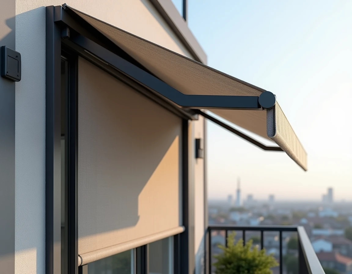 Store latéral rétractable double face déployé sur un balcon d'appartement en immeuble urbain