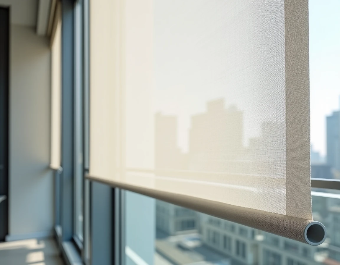 Store zip screen vertical à toile micro-perforée installé sur une baie vitrée de balcon en appartement