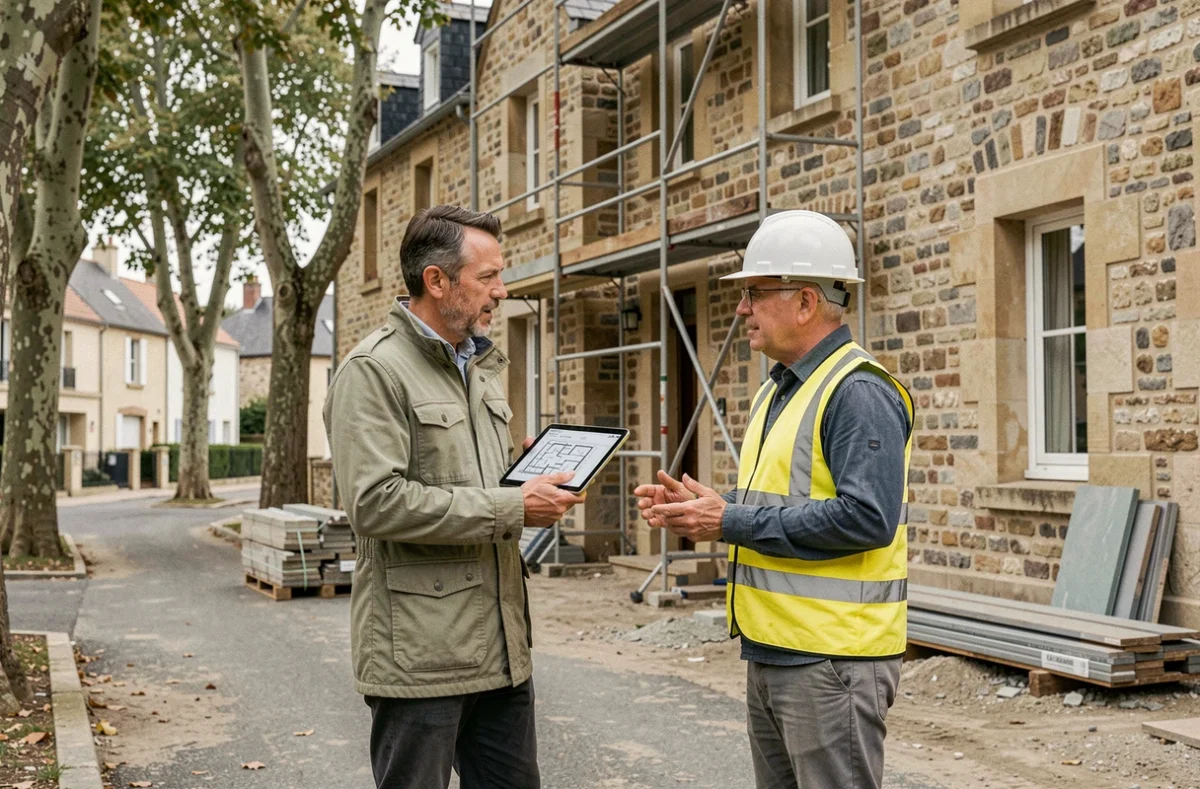Agent immobilier local supervisant un projet de rénovation d'une maison en pierre avec un entrepreneur