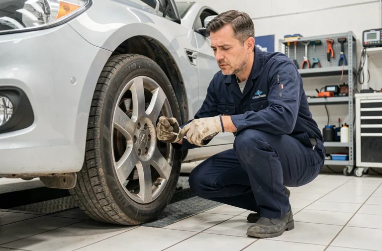 Technicien de contrôle technique inspectant le frein d'une voiture dans un centre automobile professionnel