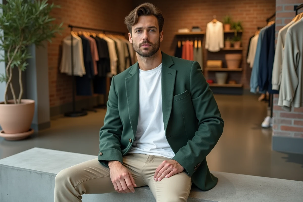 Homem em blazer verde estruturado e chino bege em um conceito de loja moderna, estilo moda masculina tendência