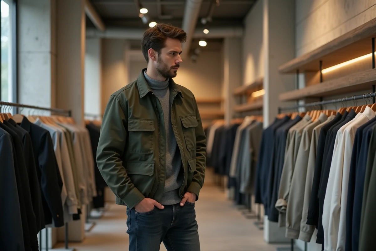 Homme stylé en veste utilitaire olive et jean indigo dans un concept store minimaliste, tendances mode masculine contemporaine