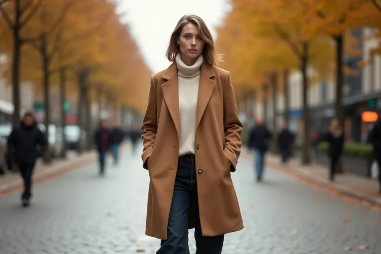 Femme élégante portant un manteau camel et jean large dans une rue pavée parisienne en automne, tendances mode saison