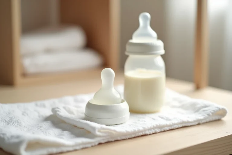 Tétine de biberon pour lait Guigoz Gest posée sur une mousseline blanche dans une ambiance nursery scandinave