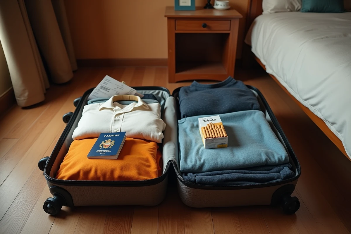 Valise ouverte avec des cartouches de cigarettes et un passeport européen avant un voyage retour d'Espagne