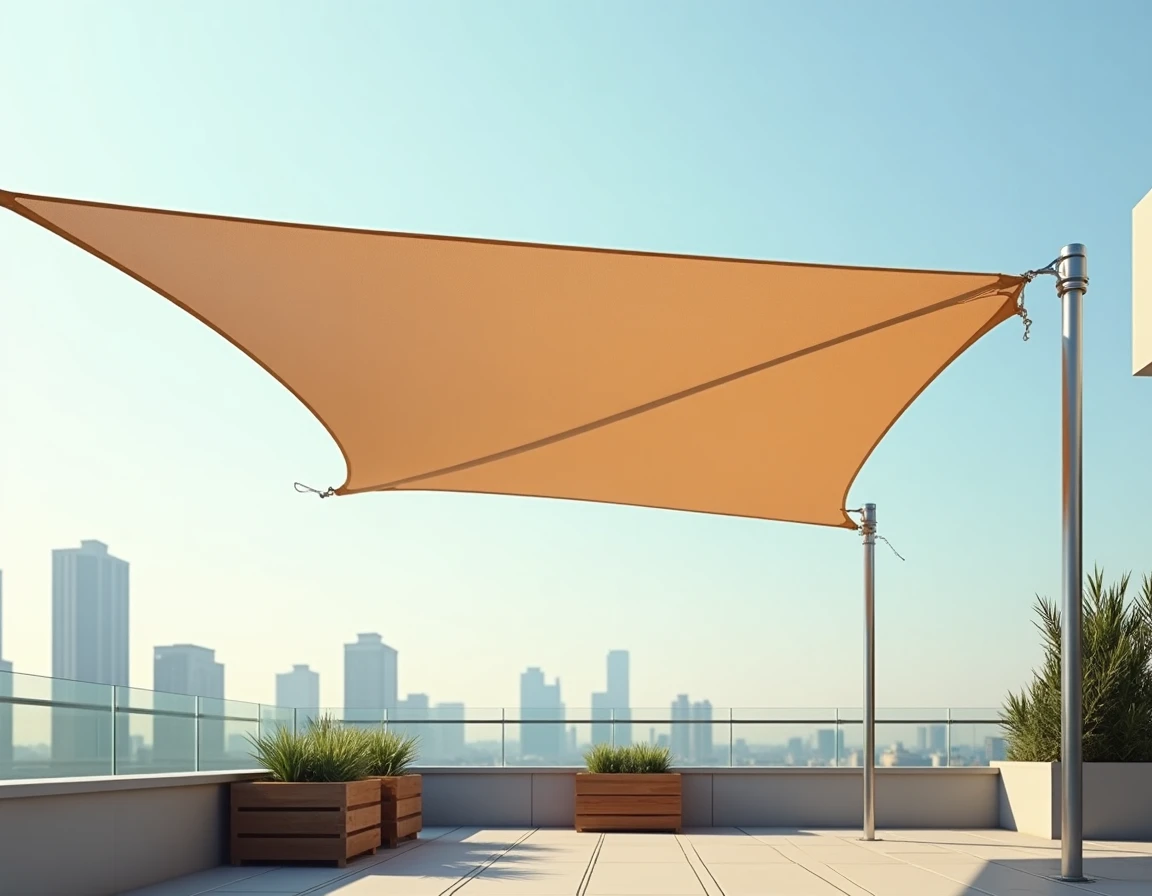 Voile d'ombrage inclinée en position haute sur une terrasse en toiture protégeant des regards des immeubles voisins
