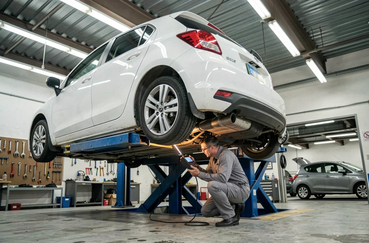 Voiture sur pont élévateur lors d'un contrôle technique complet dans un garage professionnel agréé
